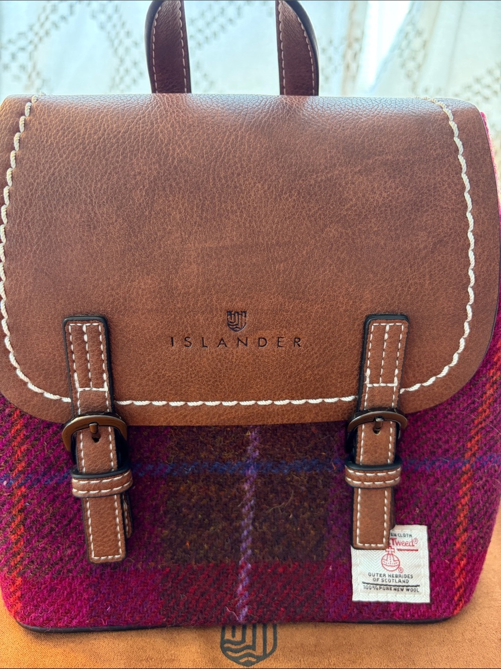 Islander Harrison Tweed Mini Jura Backpack. Brown Leather and Magenta Plaid. - Picture 2 of 10